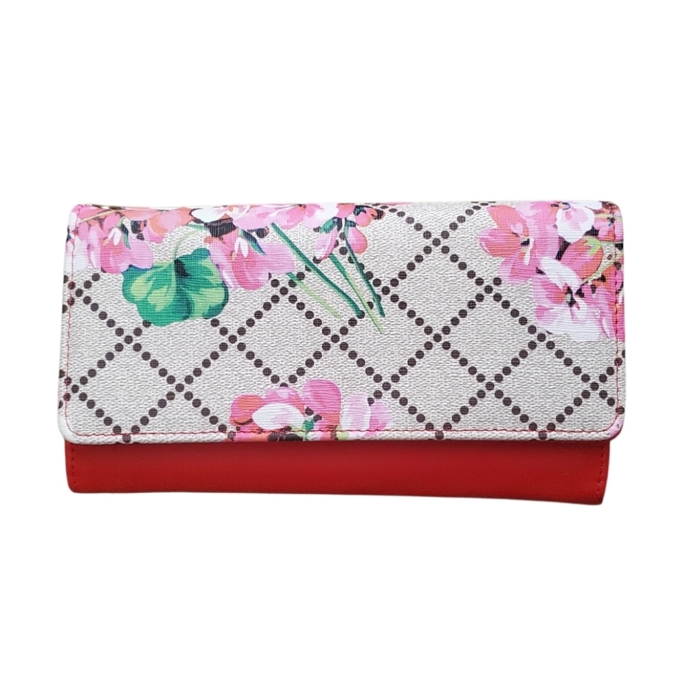 Floral Patterned Wallet with Red Accents